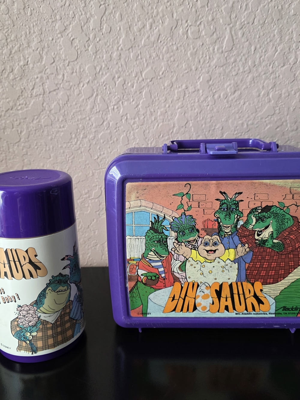 1991 Disney Dinosaurs Lunch Box Thermos Set Aladdin Purple Vintage Kids